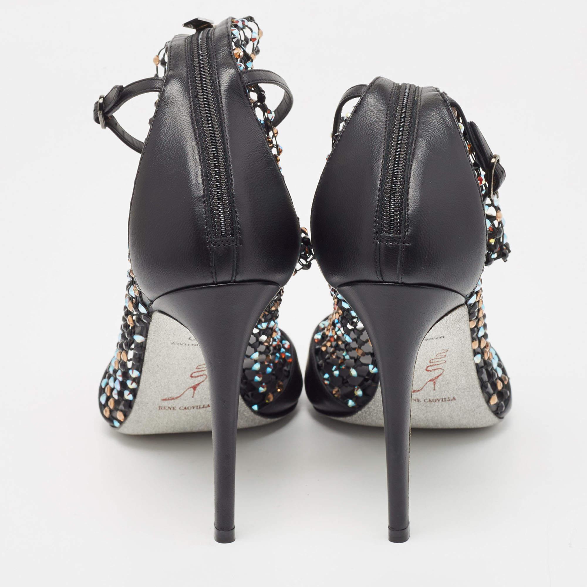 Rene Caovilla Black Leather and Crystal Embellished Mesh Galaxia Sandals Size 40 In Excellent Condition For Sale In Dubai, Al Qouz 2