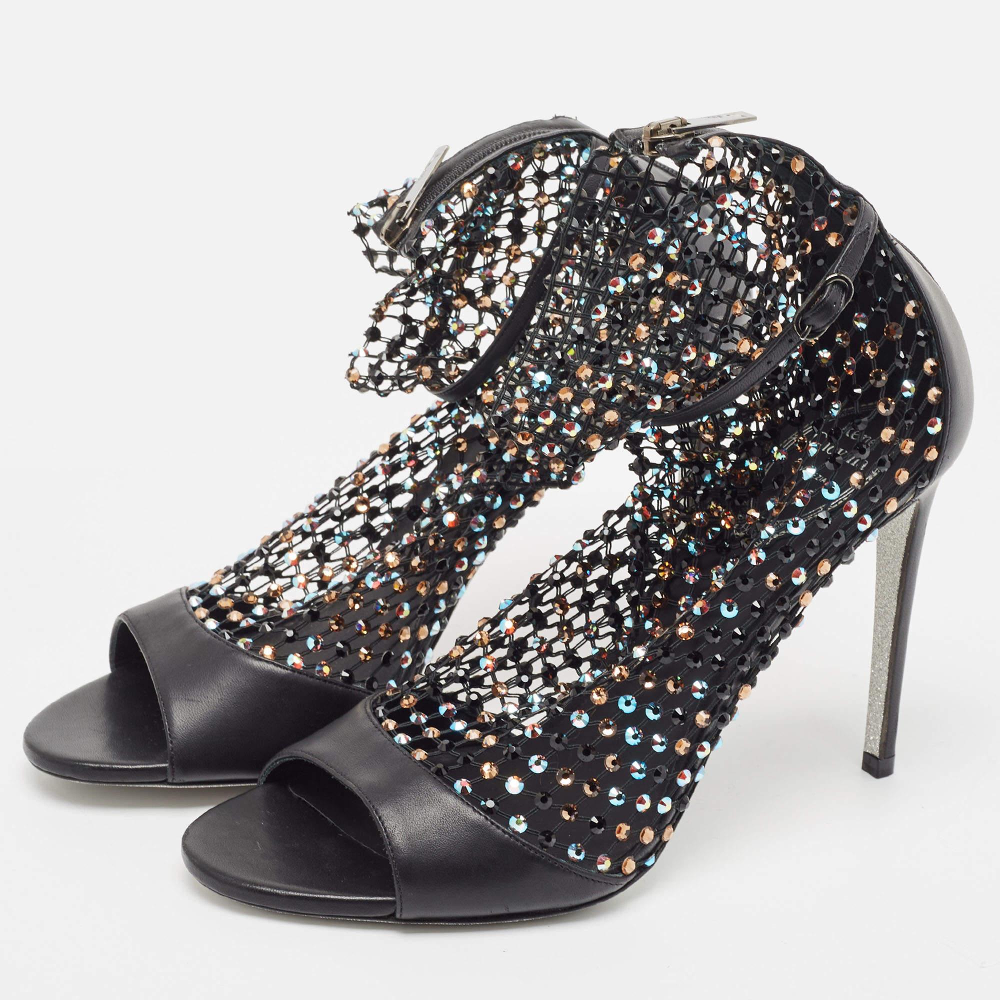 Women's Rene Caovilla Black Leather and Crystal Embellished Mesh Galaxia Sandals Size 40 For Sale