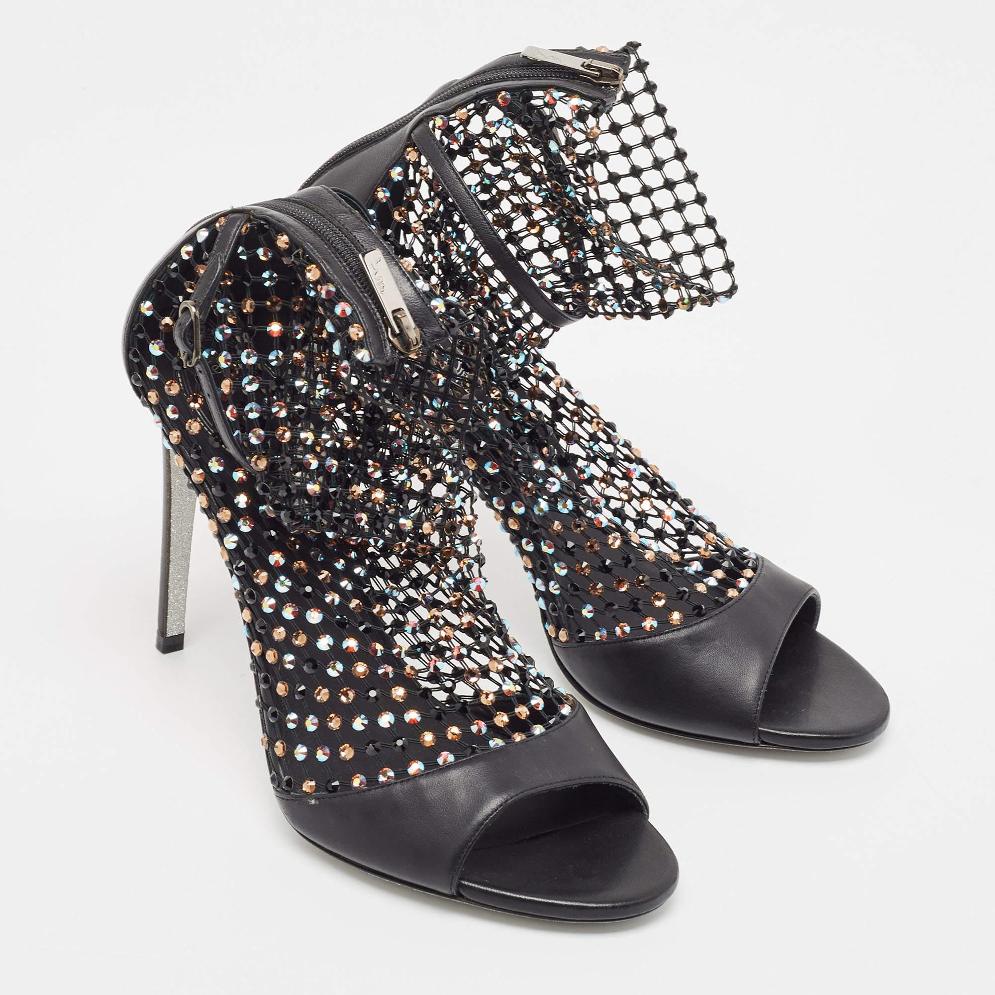 Rene Caovilla Black Leather and Crystal Embellished Mesh Galaxia Sandals Size 40 For Sale 1