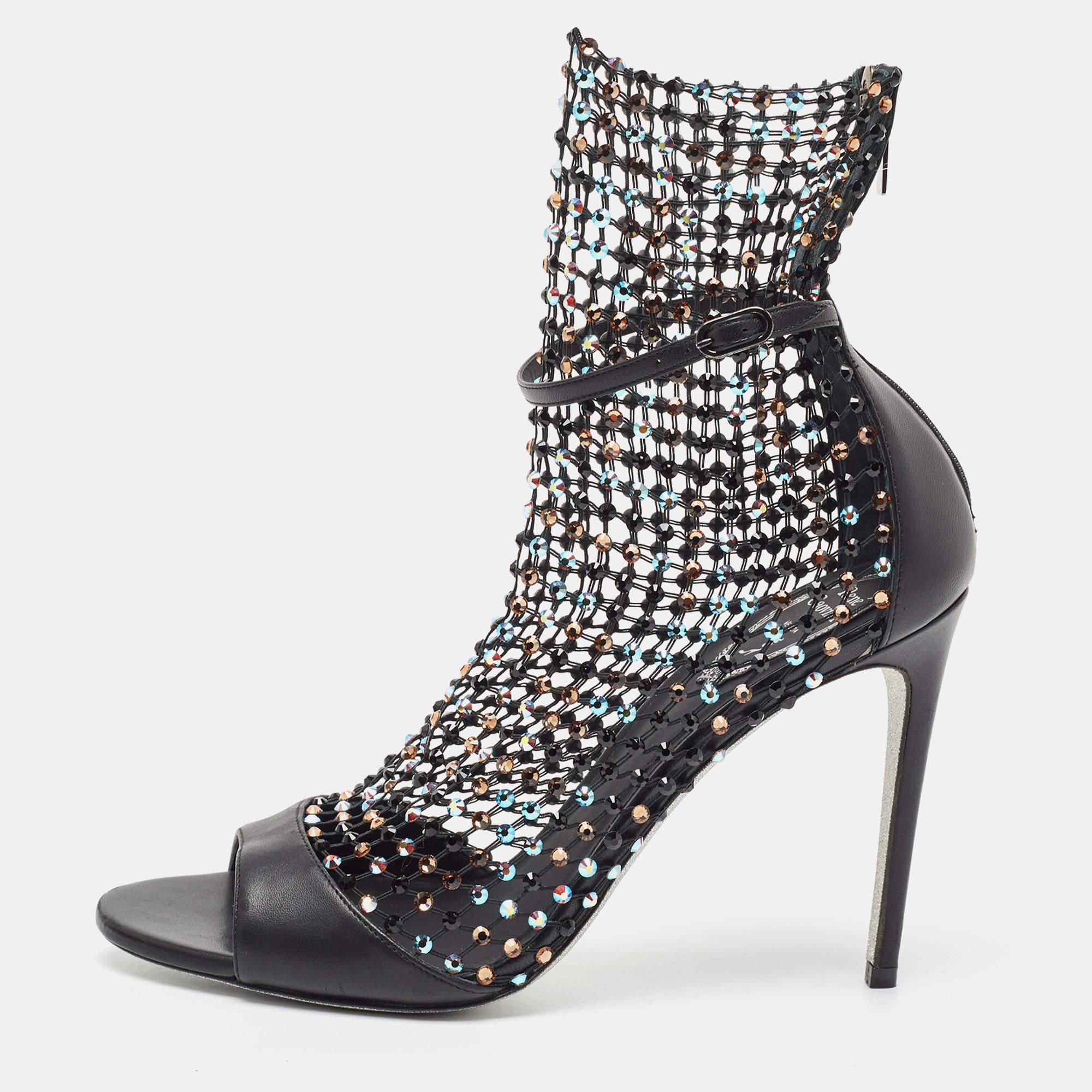 Rene Caovilla Sandalias Galaxia de piel negra y malla adornada con cristales Talla 40 3