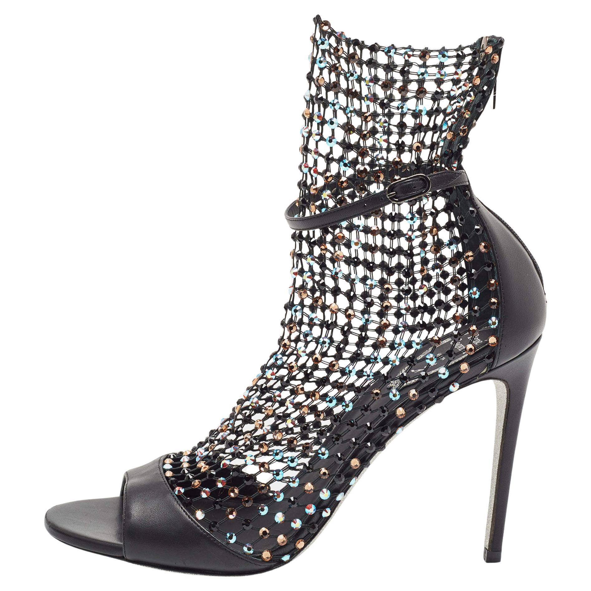 Rene Caovilla Black Leather and Crystal Embellished Mesh Galaxia Sandals Size 40 For Sale