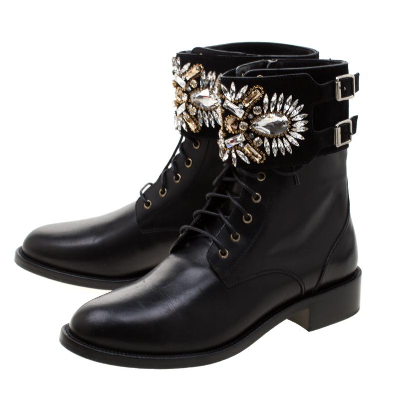 Women's Rene Caovilla Black Leather And Crystal Embellished Suede Combat Boots Size 39.5