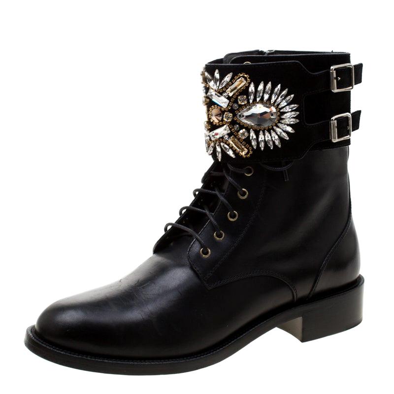 Rene Caovilla Black Leather And Crystal Embellished Suede Combat Boots Size 39.5