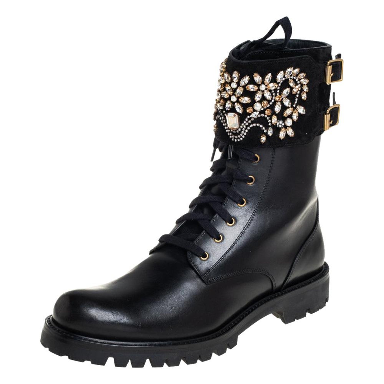 Rene Caovilla Black Leather And Crystal Embellished Suede Combat Boots Size  40 at 1stDibs
