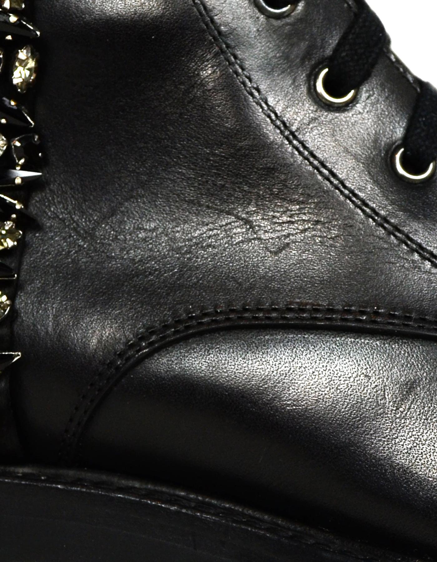 Rene Caovilla Black Leather Crystal Embellished Combat Boots sz 38 1