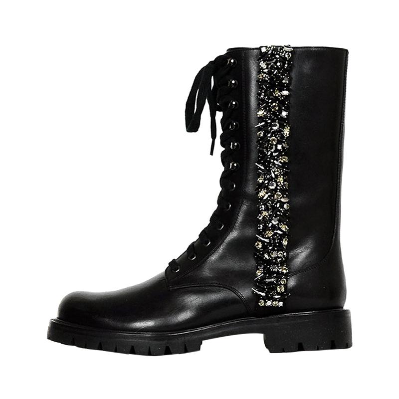 Rene Caovilla Black Leather Crystal Embellished Combat Boots sz 38