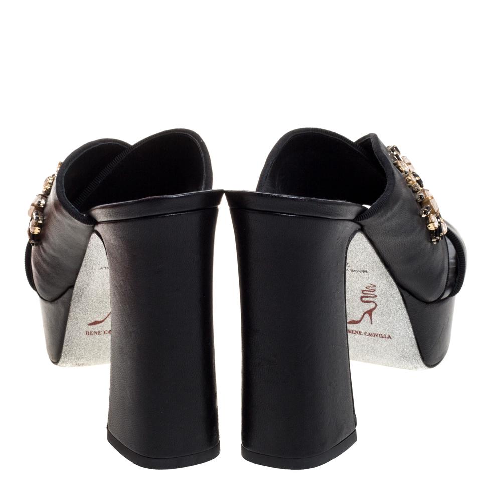 René Caovilla Black Leather Crystal Embellished Peep Toe Platform Mules Size 38 In Good Condition In Dubai, Al Qouz 2