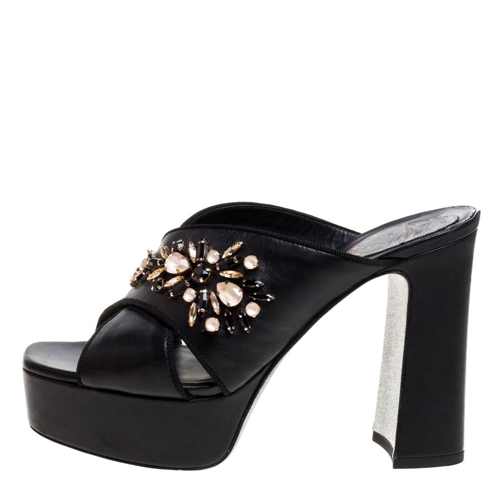 René Caovilla Black Leather Crystal Embellished Peep Toe Platform Mules Size 38 1