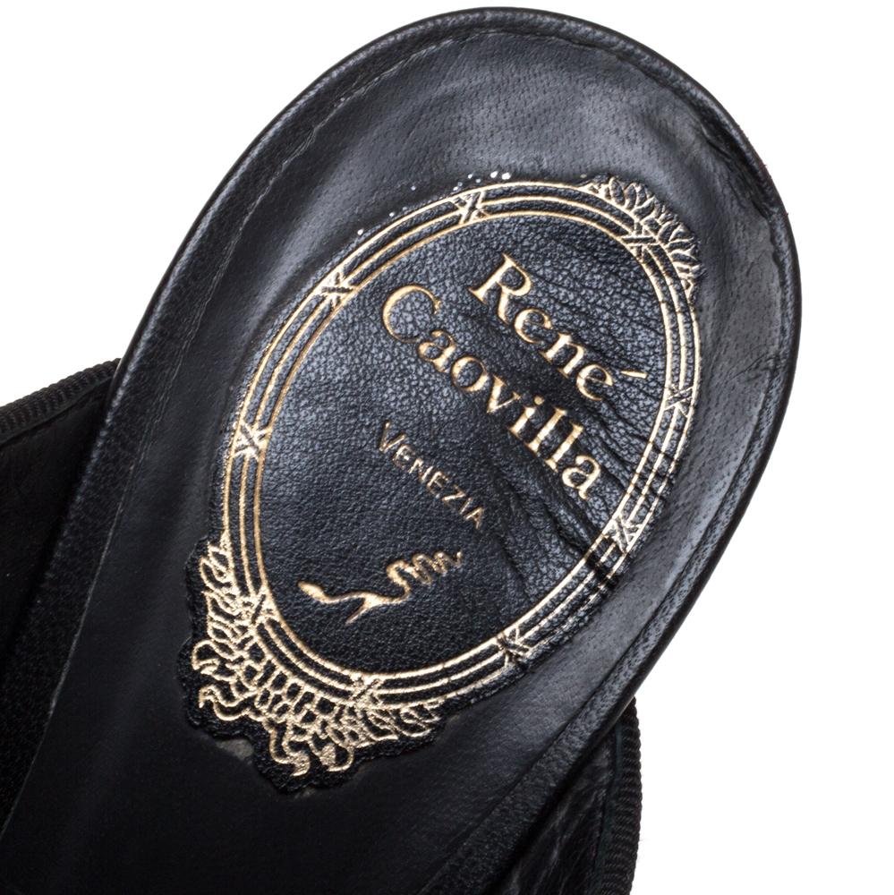 René Caovilla Black Leather Crystal Embellished Peep Toe Platform Mules Size 38 2