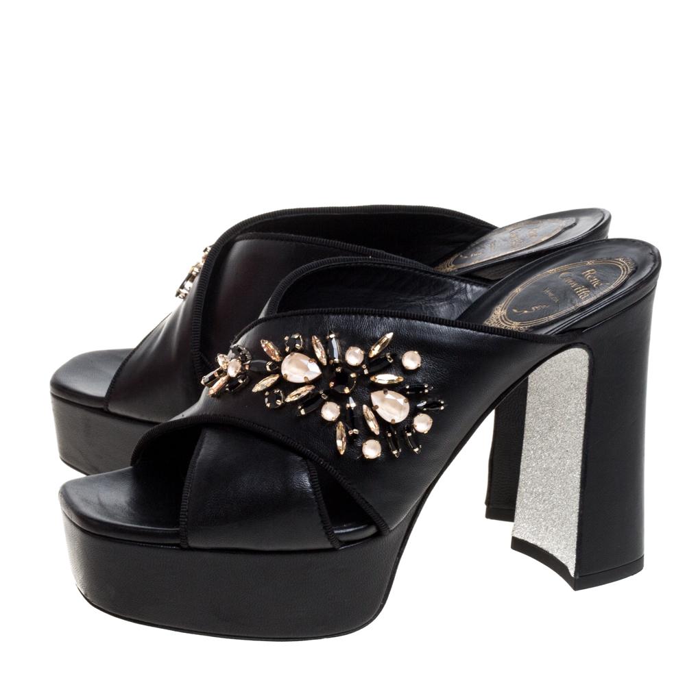 René Caovilla Black Leather Crystal Embellished Peep Toe Platform Mules Size 38 3