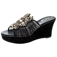 Rene Caovilla Black Pearl Embellished Ruched Tulle Peep Toe Wedge Slides Size 38