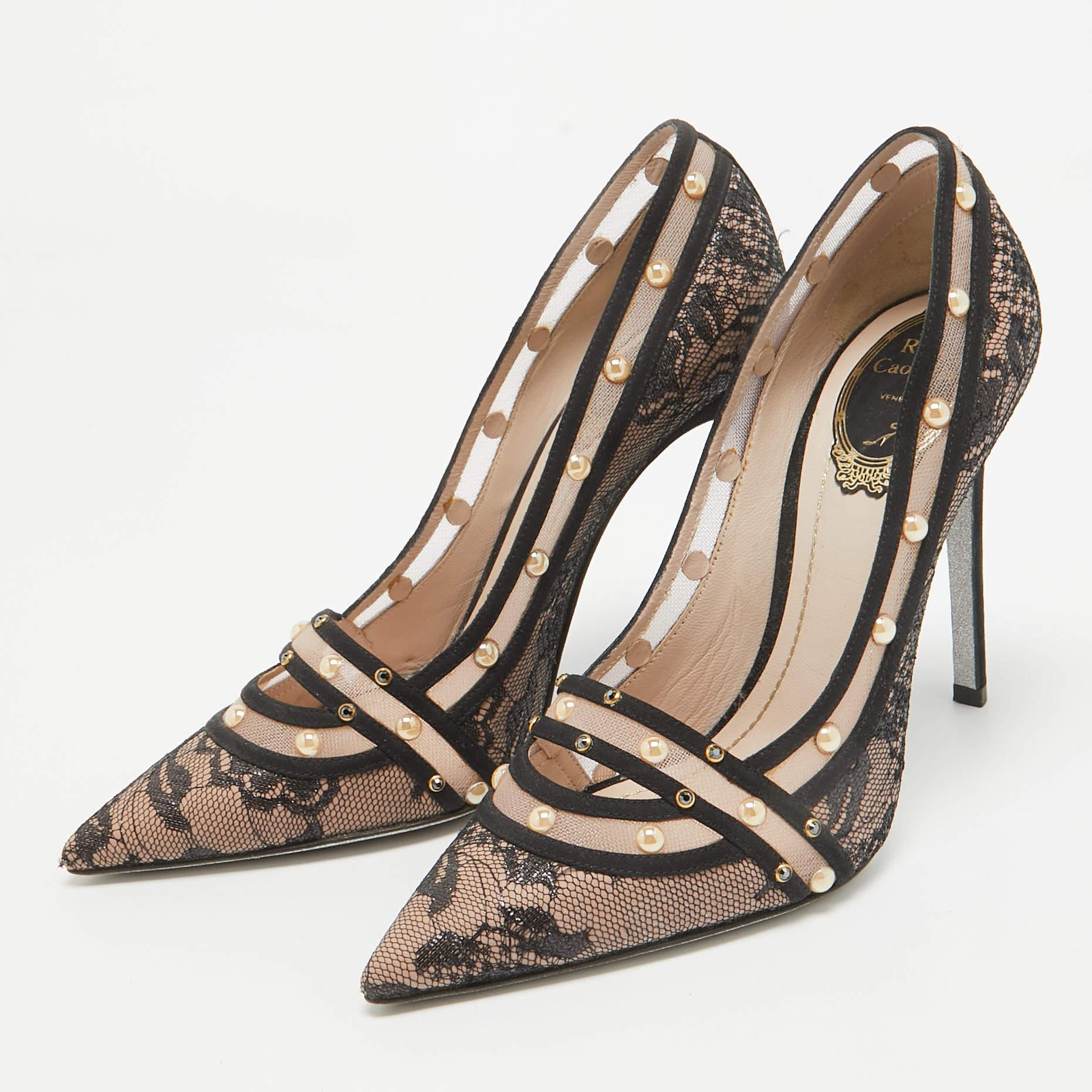 Make a chic style statement with these designer pumps. They showcase sturdy heels and durable soles perfect for your fashionable outings