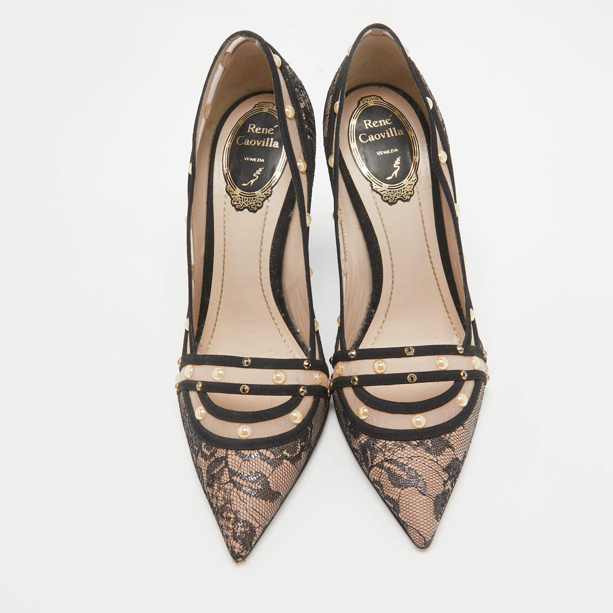 Gray René Caovilla Black/Pink Lace Studded Pointed Toe Pumps Size 38 For Sale