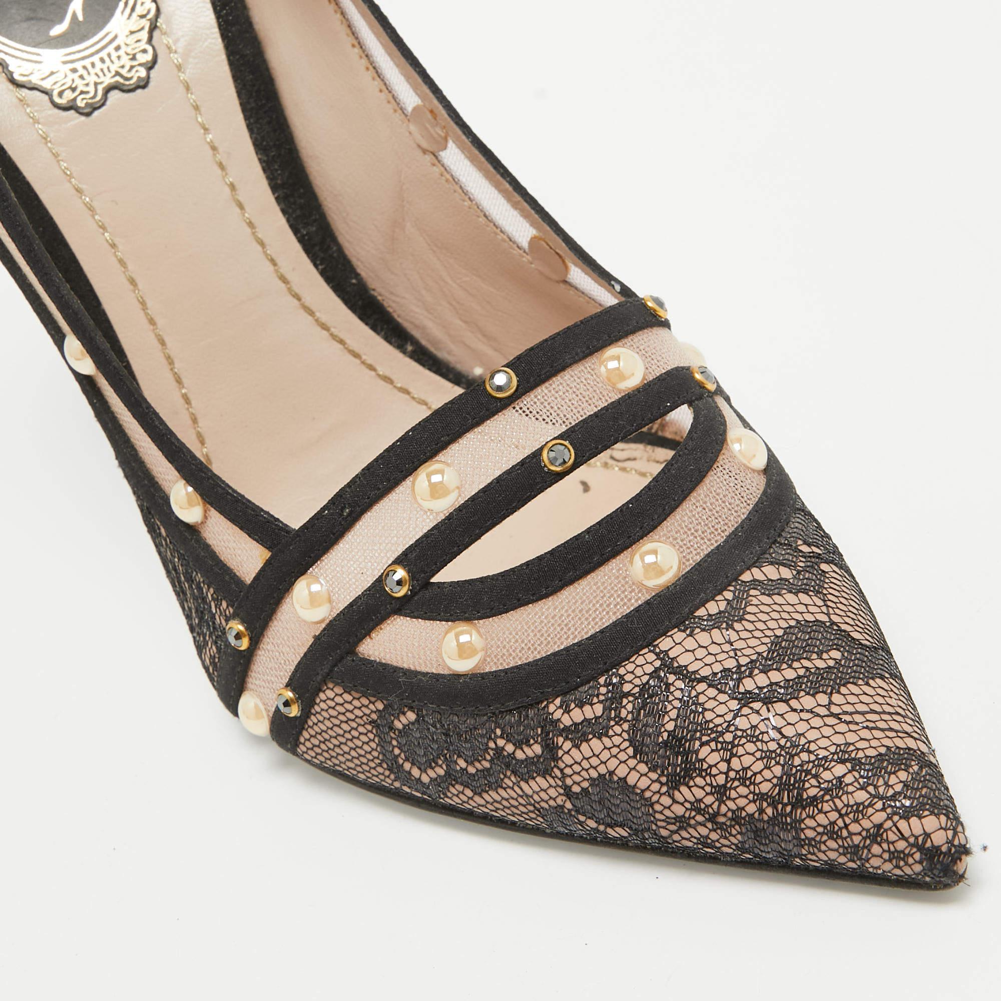 René Caovilla Black/Pink Lace Studded Pointed Toe Pumps Size 38 For Sale 2