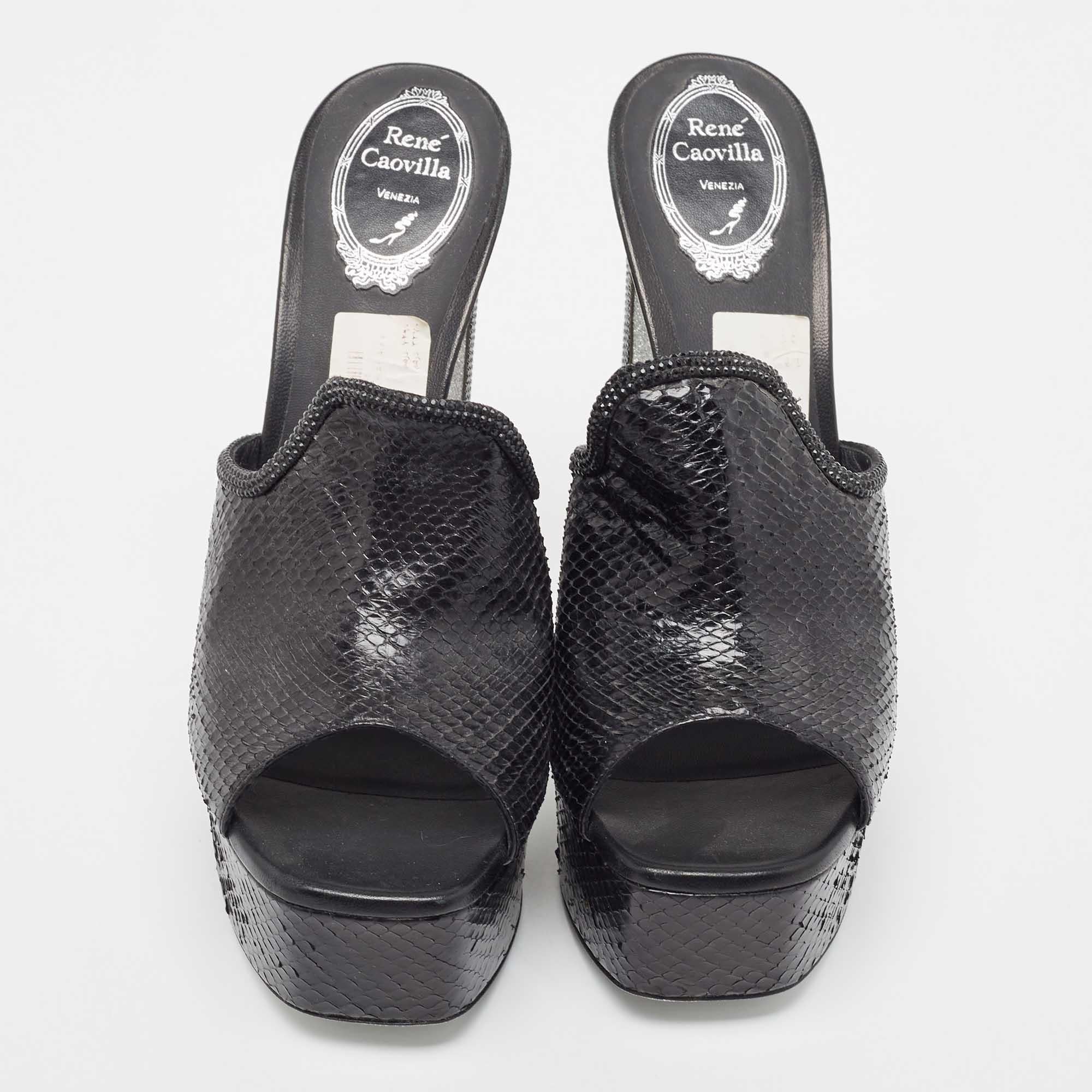 Women's René Caovilla Black Python Slide Sandals Size 41