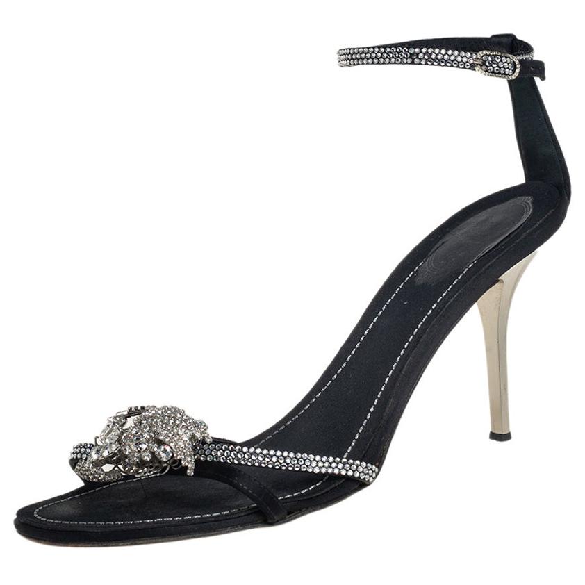 René Caovilla Black Satin And Crystal Embellished Sandals Size 40