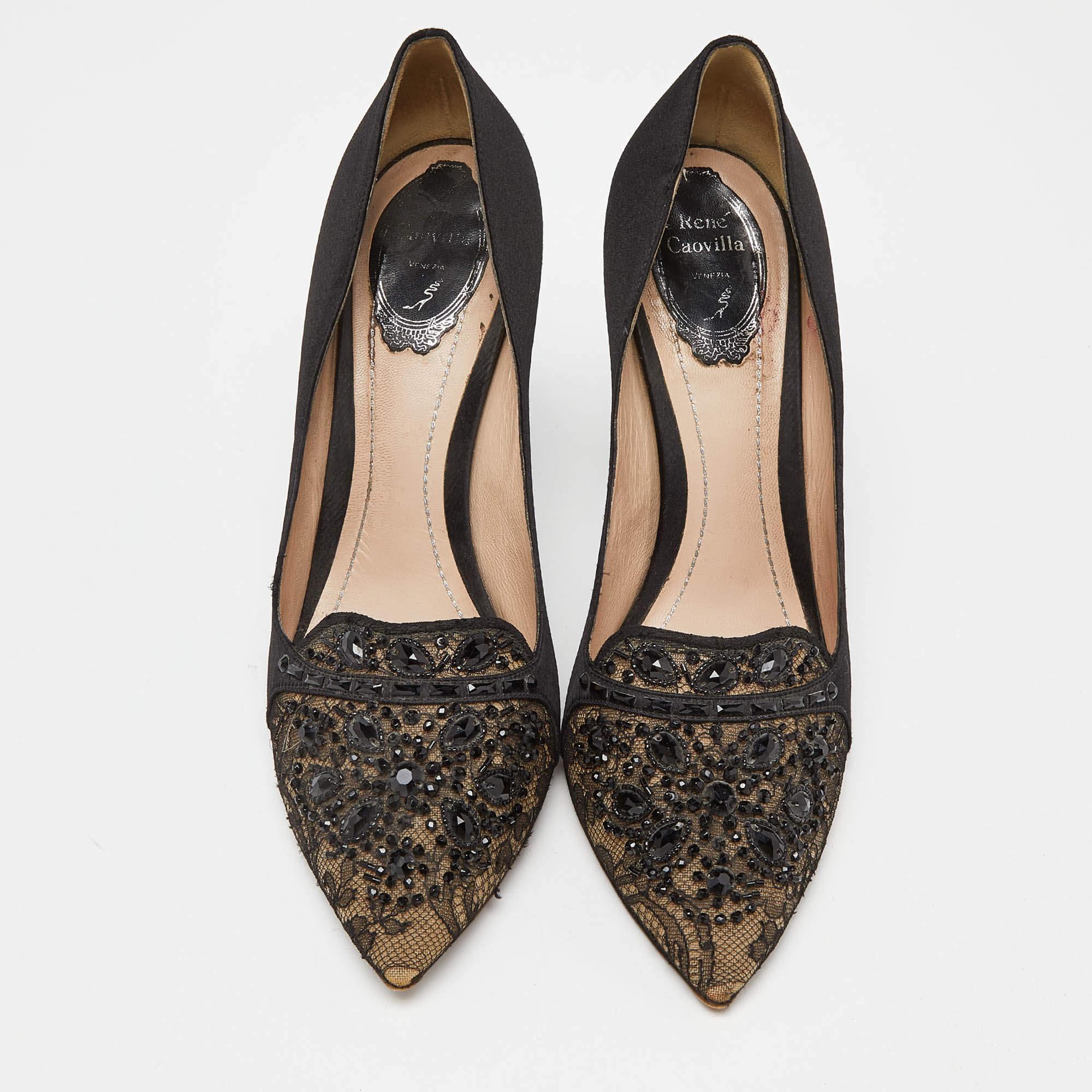 René Caovilla Black Satin and Lace Crystal Embellished Pumps Size 41.5 In Excellent Condition For Sale In Dubai, Al Qouz 2