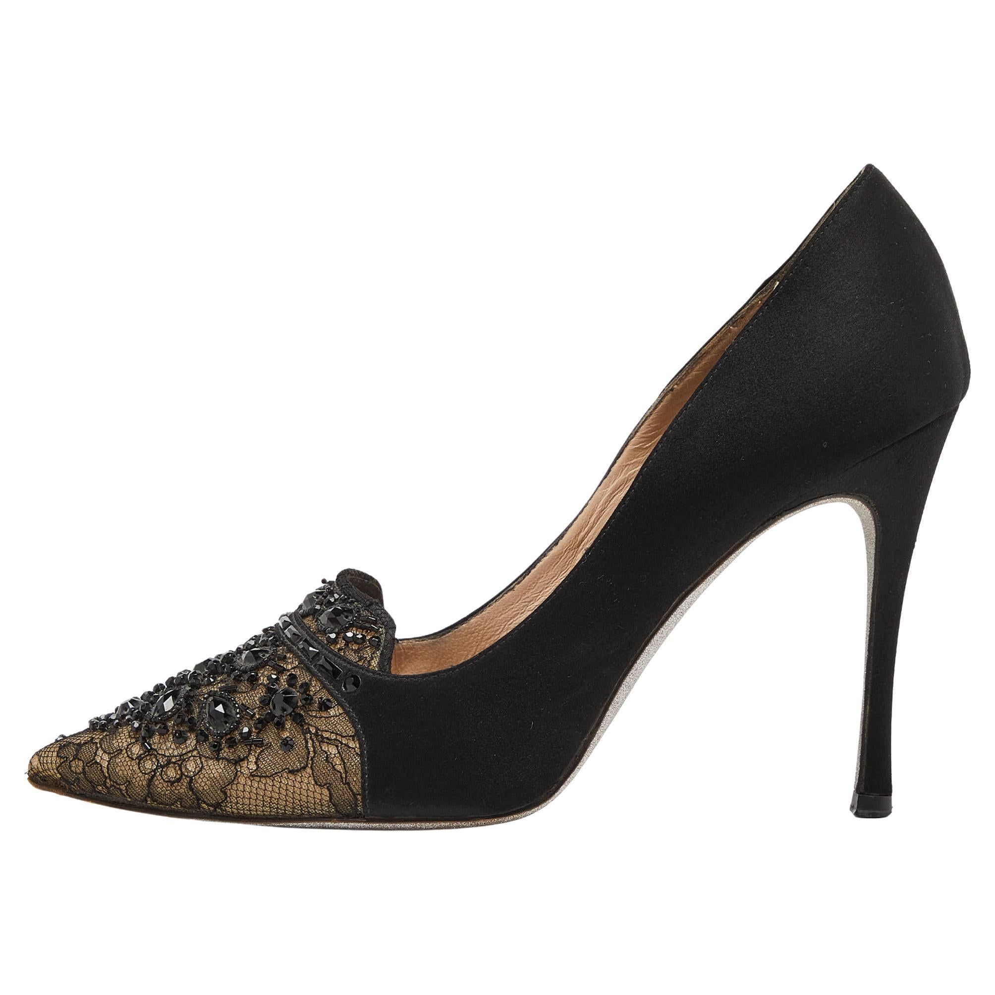 René Caovilla Black Satin and Lace Crystal Embellished Pumps Size 41.5 For Sale