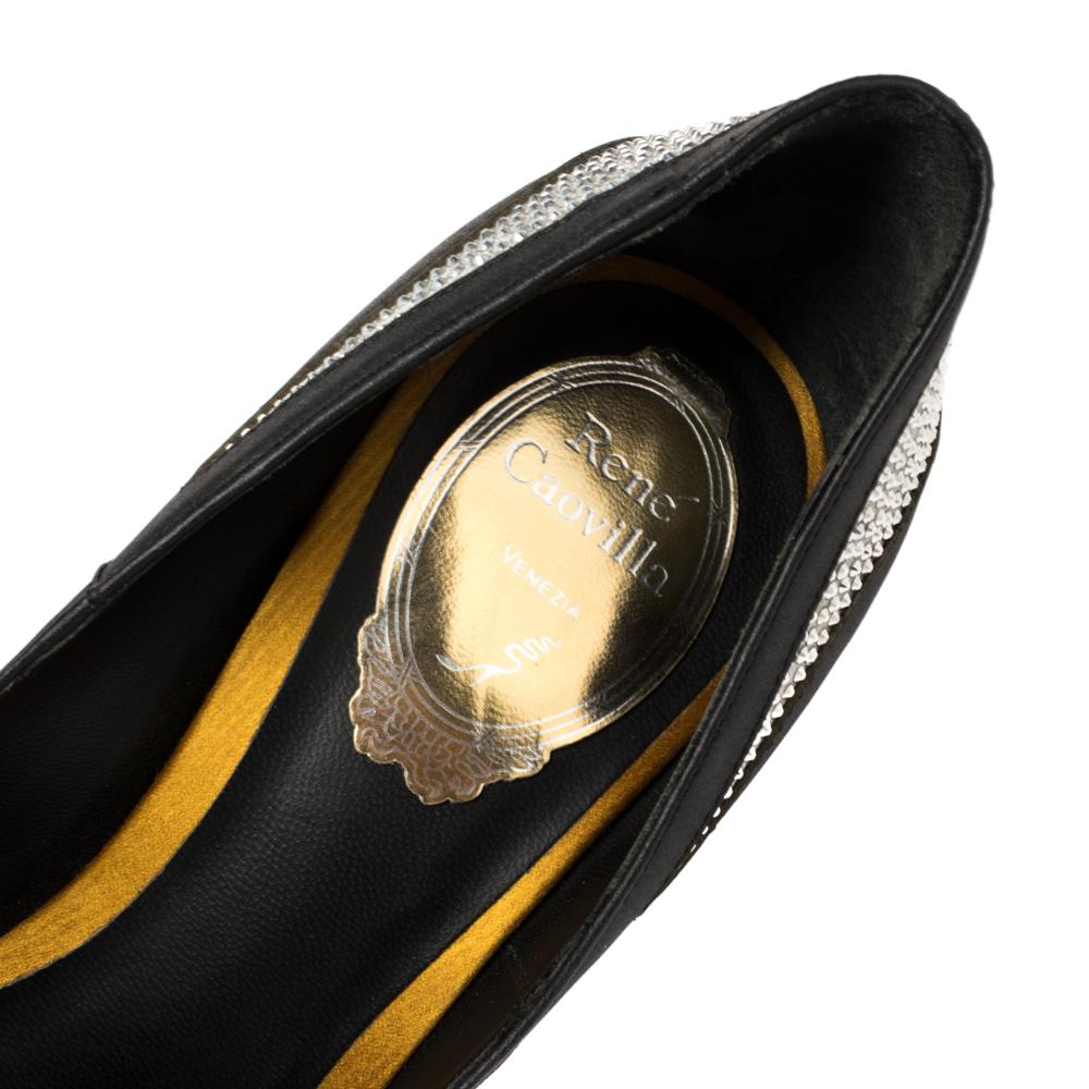 René Caovilla Black Satin And Leather Crystal Embellished Pumps Size 38 3