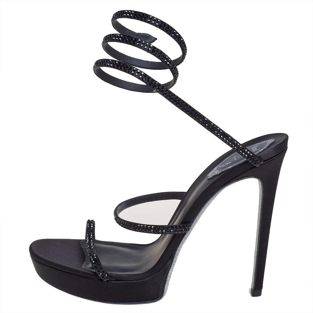 Women's René Caovilla Black Satin Ankle Wrap Cleo Sandals Size 40