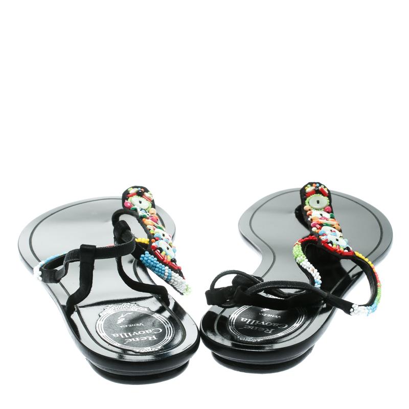 René Caovilla Black Satin Beads Embellished Flat Thong Sandals Size 41 In New Condition In Dubai, Al Qouz 2