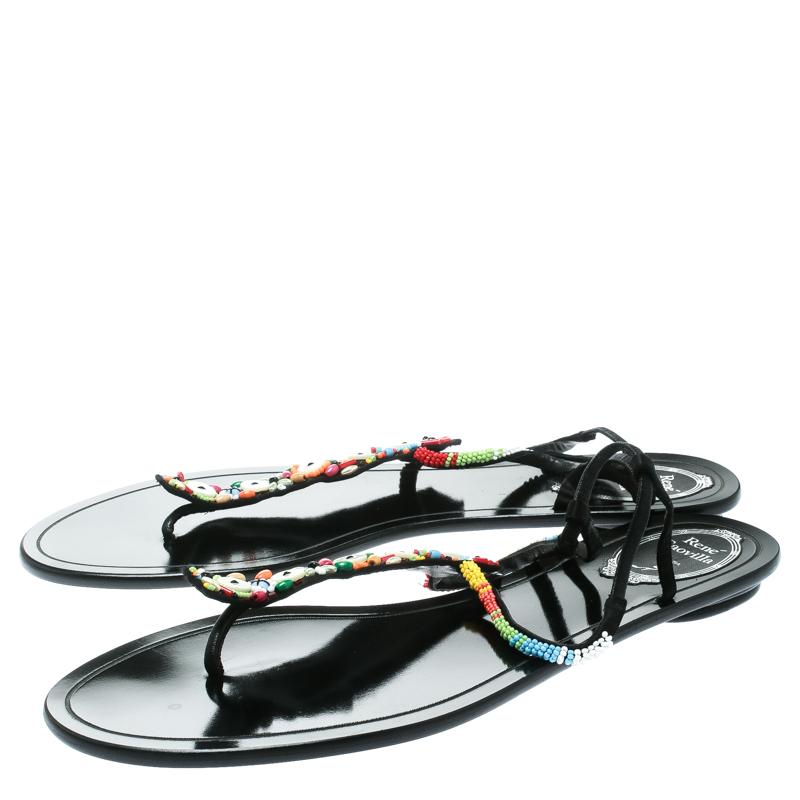 René Caovilla Black Satin Beads Embellished Flat Thong Sandals Size 41 3