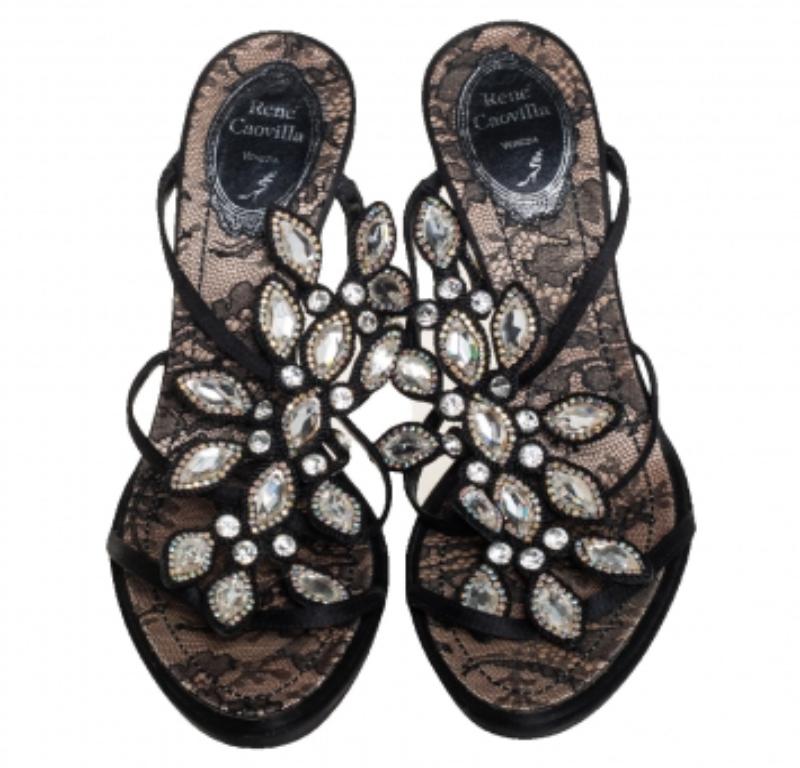 René Caovilla Black Satin Crystal Embellished Sandals Size 39 For Sale 1