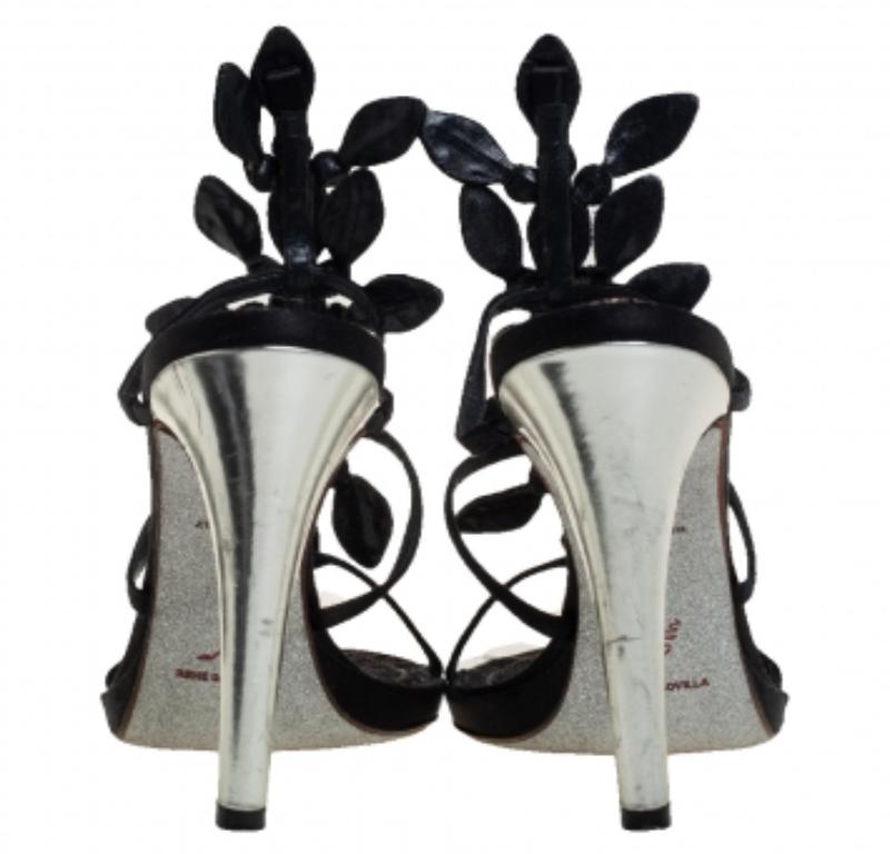 René Caovilla Black Satin Crystal Embellished Sandals Size 39 For Sale 2