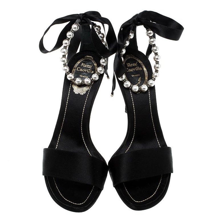 Renè Caovilla Black Satin Faux Pearl Ankle Wrap Open Toe Sandals Size ...