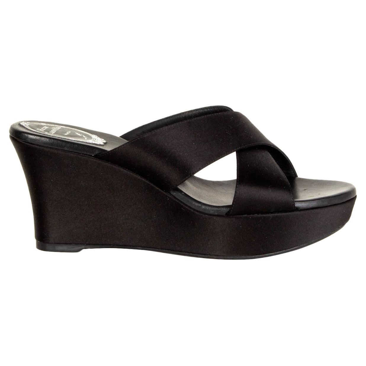 RENE CAOVILLA black SATIN WEDGE Sandals Shoes 38.5 For Sale