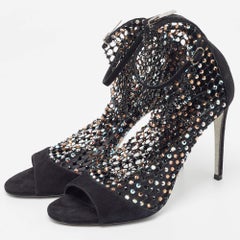 Rene Caovilla Black Suede And Mesh Crystal Embellished Galaxia Open Toe Ankle St