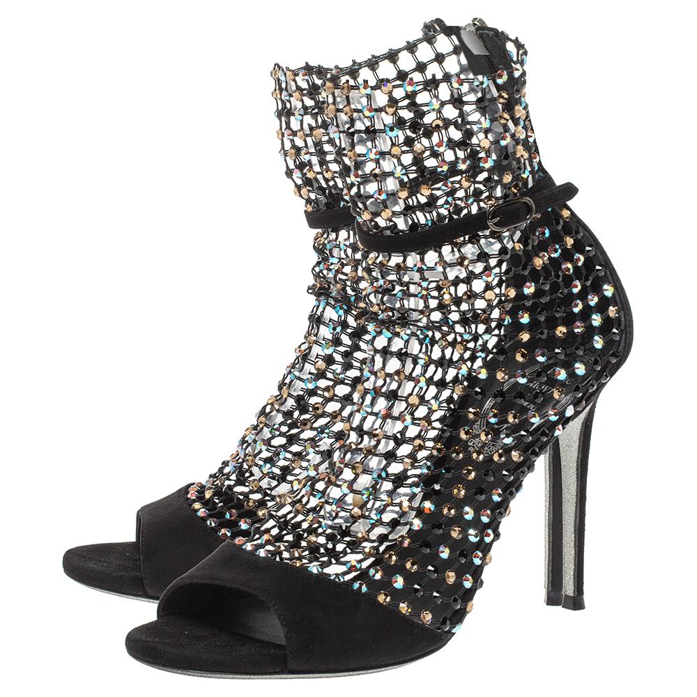 Rene Caovilla Black Suede And Mesh Crystal Embellished Galaxia Sandals Size 37 In Good Condition In Dubai, Al Qouz 2