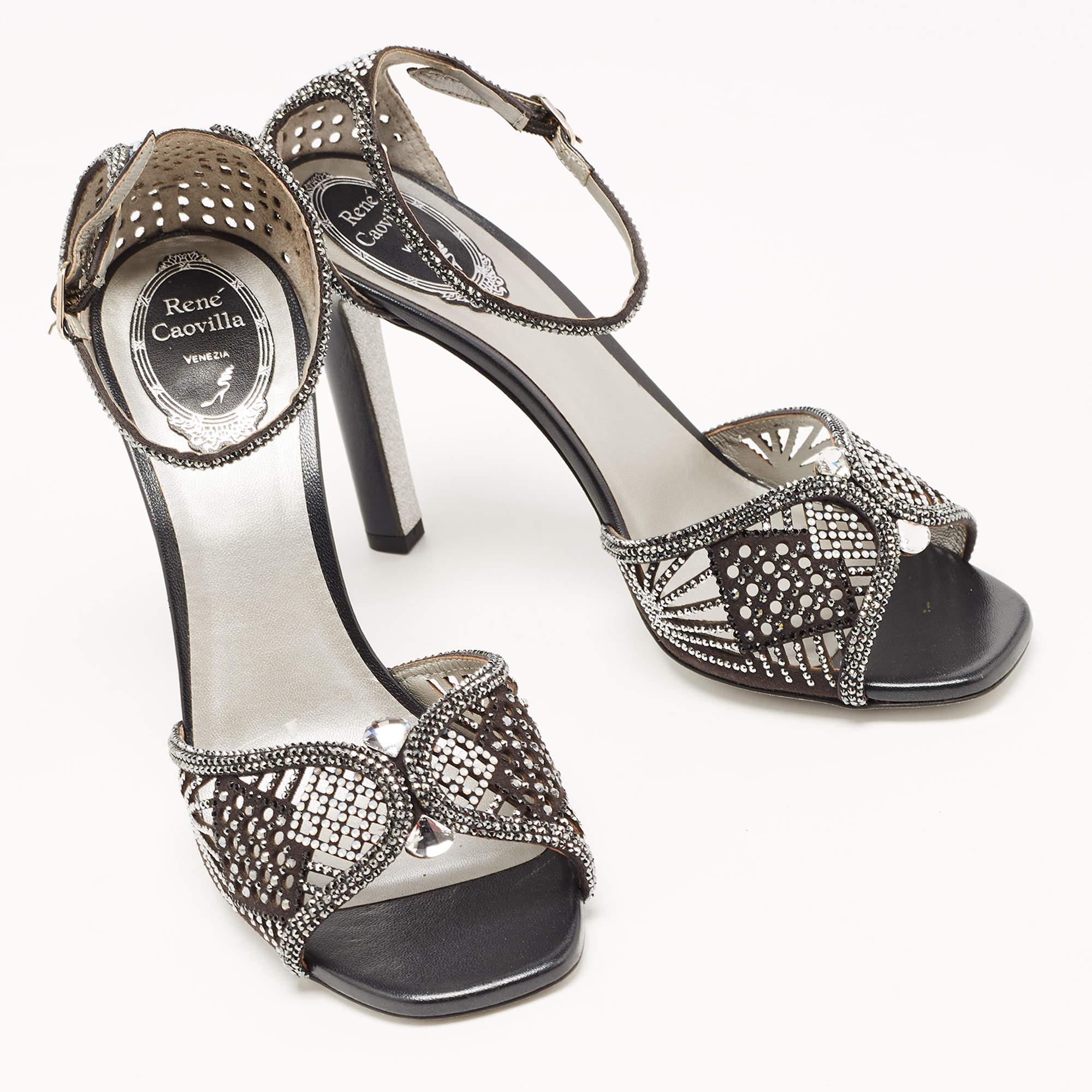 René Caovilla Black Suede Crystal Embellished Ankle Strap Sandals Size 39 In Excellent Condition In Dubai, Al Qouz 2