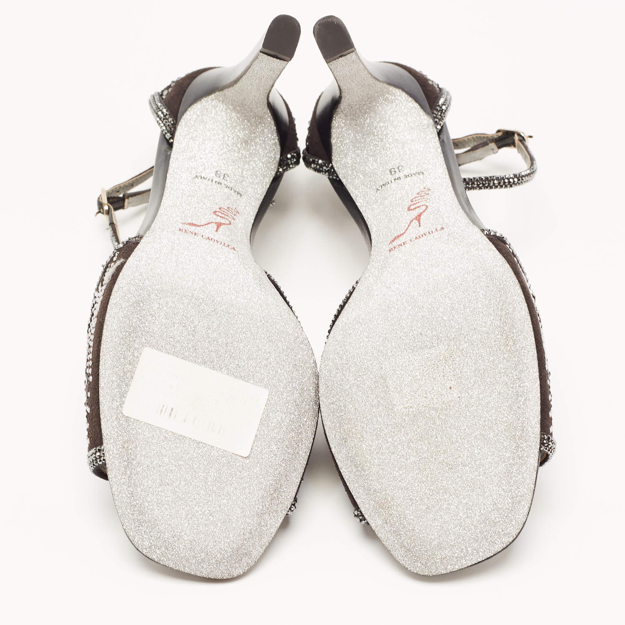 René Caovilla Black Suede Crystal Embellished Ankle Strap Sandals Size 39 1