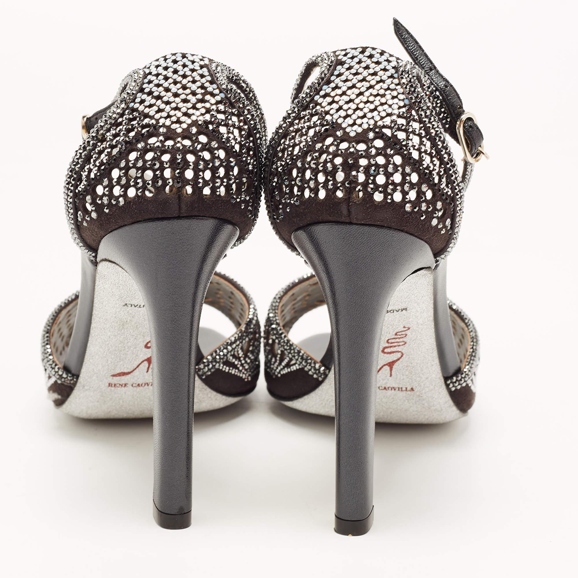 René Caovilla Black Suede Crystal Embellished Ankle Strap Sandals Size 39 2