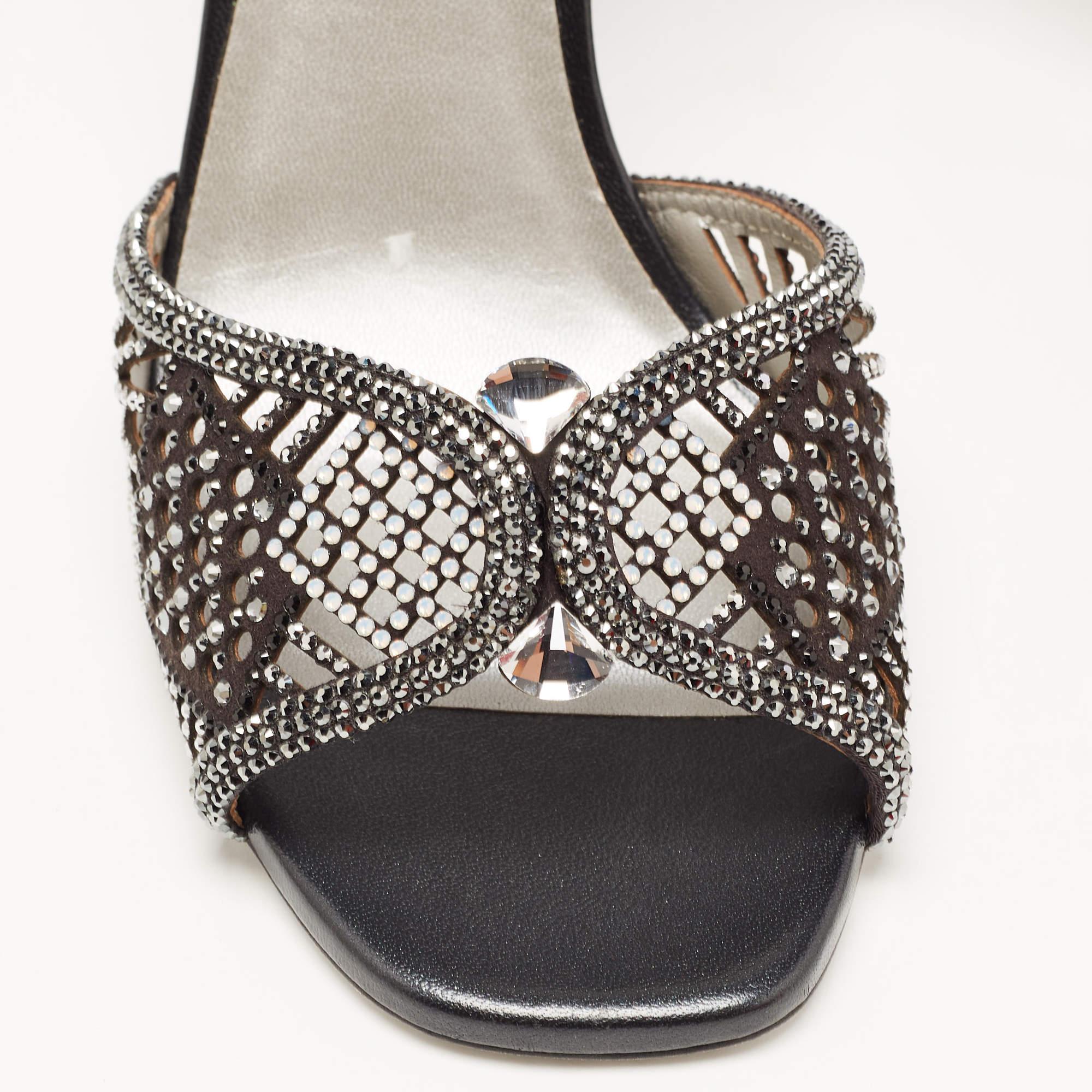 René Caovilla Black Suede Crystal Embellished Ankle Strap Sandals Size 39 3