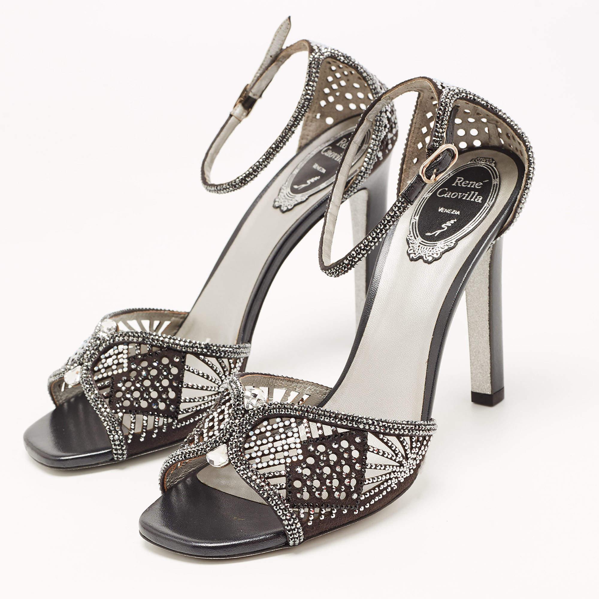 René Caovilla Black Suede Crystal Embellished Ankle Strap Sandals Size 39 4