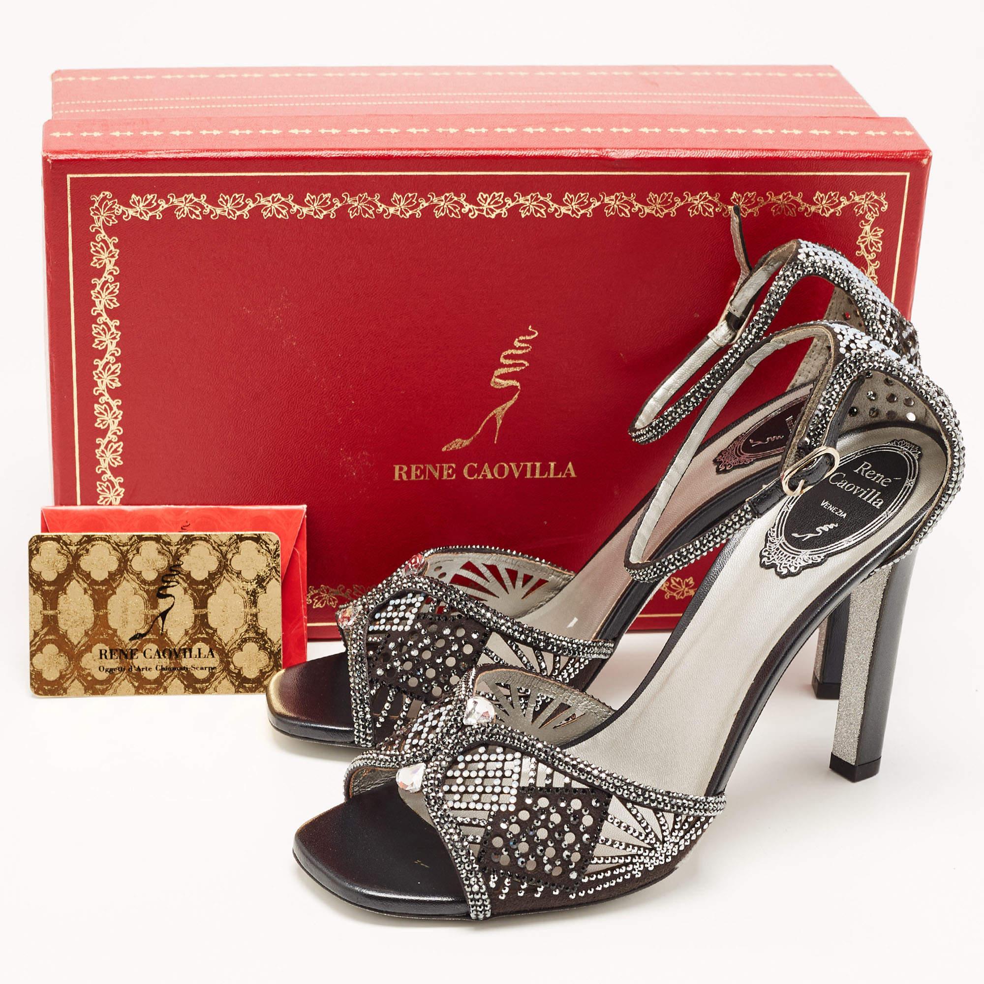 René Caovilla Black Suede Crystal Embellished Ankle Strap Sandals Size 39 5