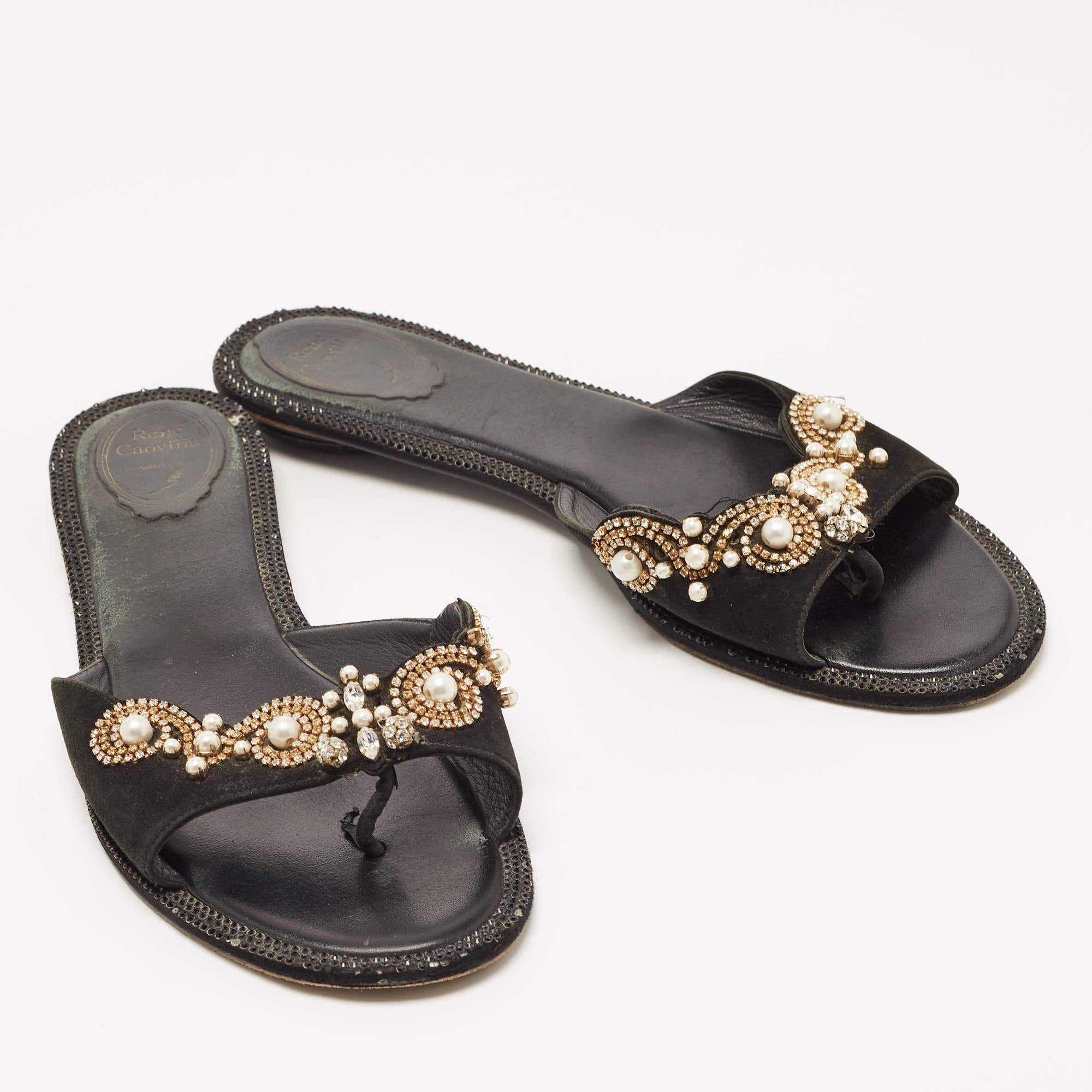 Donna Rene Caovilla - Scivoli piatti in camoscio nero impreziositi da cristalli - taglia 40 in vendita