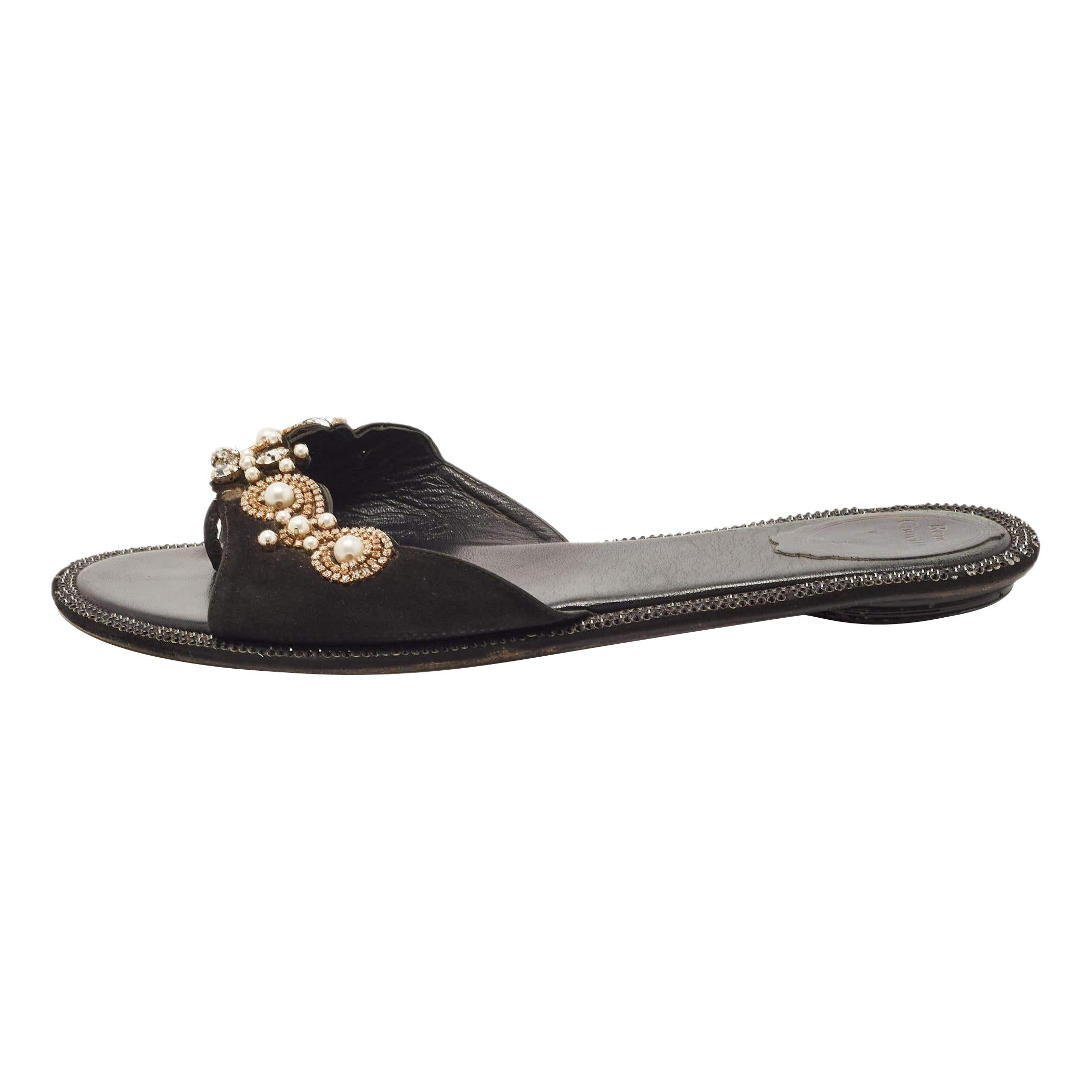 Rene Caovilla - Scivoli piatti in camoscio nero impreziositi da cristalli - taglia 40
