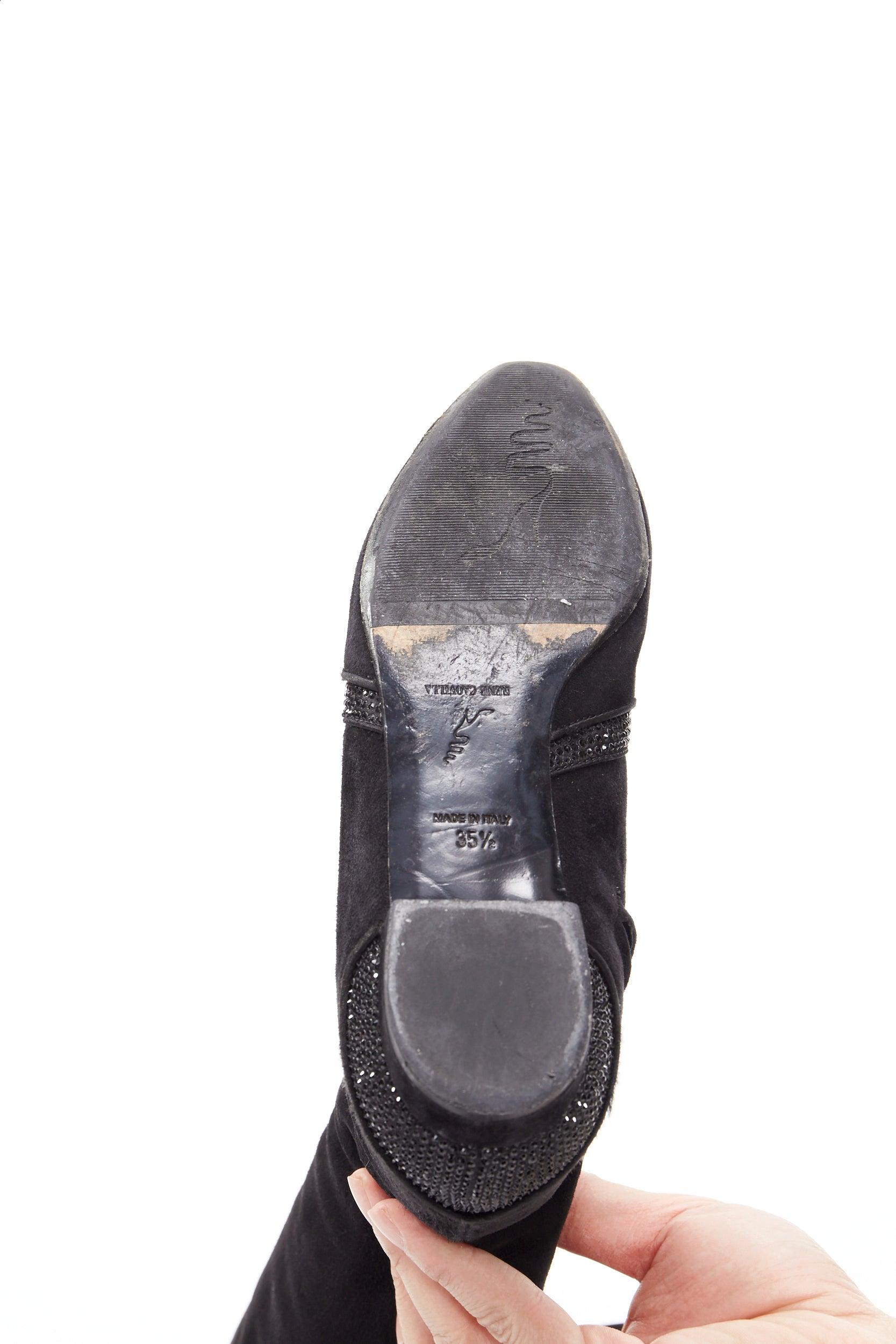 Rene Caovilla, botte plate en daim noir avec fente arrière et strass au niveau du genou EU35.5 en vente 5
