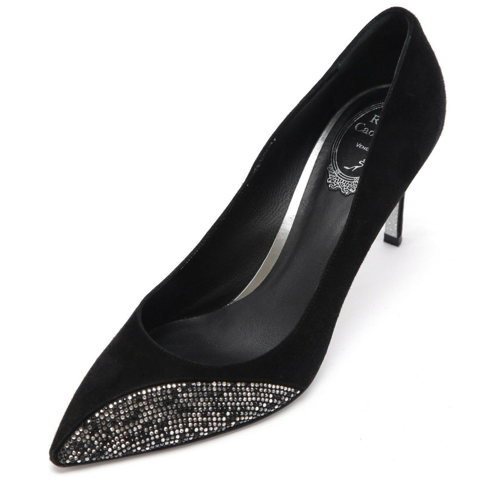 RENE CAOVILLA Pumps Black Suede Crystal Pointed Toe Heel Sz 40 In Good Condition For Sale In Hollywood, FL