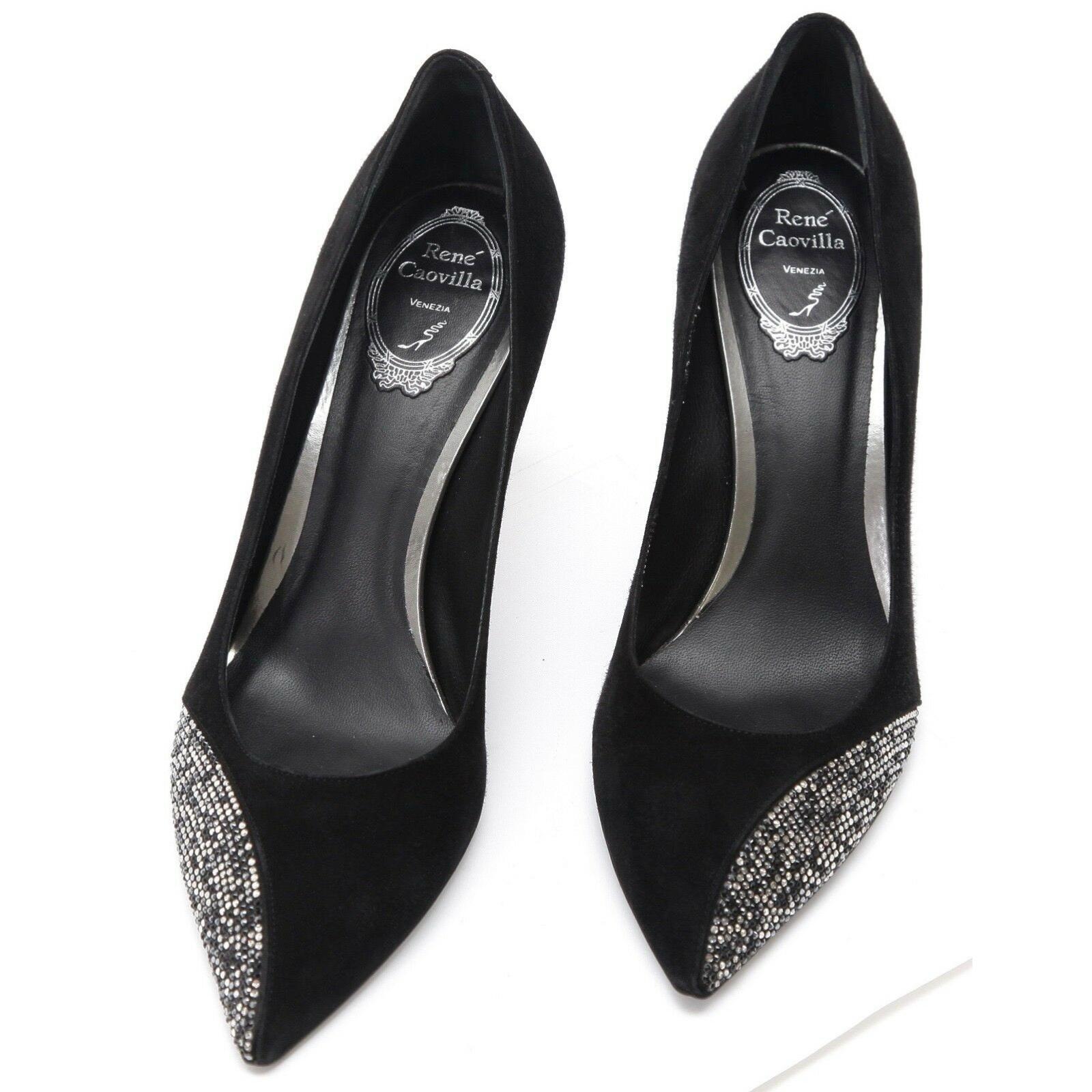 RENE CAOVILLA Pumps Black Suede Crystal Pointed Toe Heel Sz 40 For Sale 1