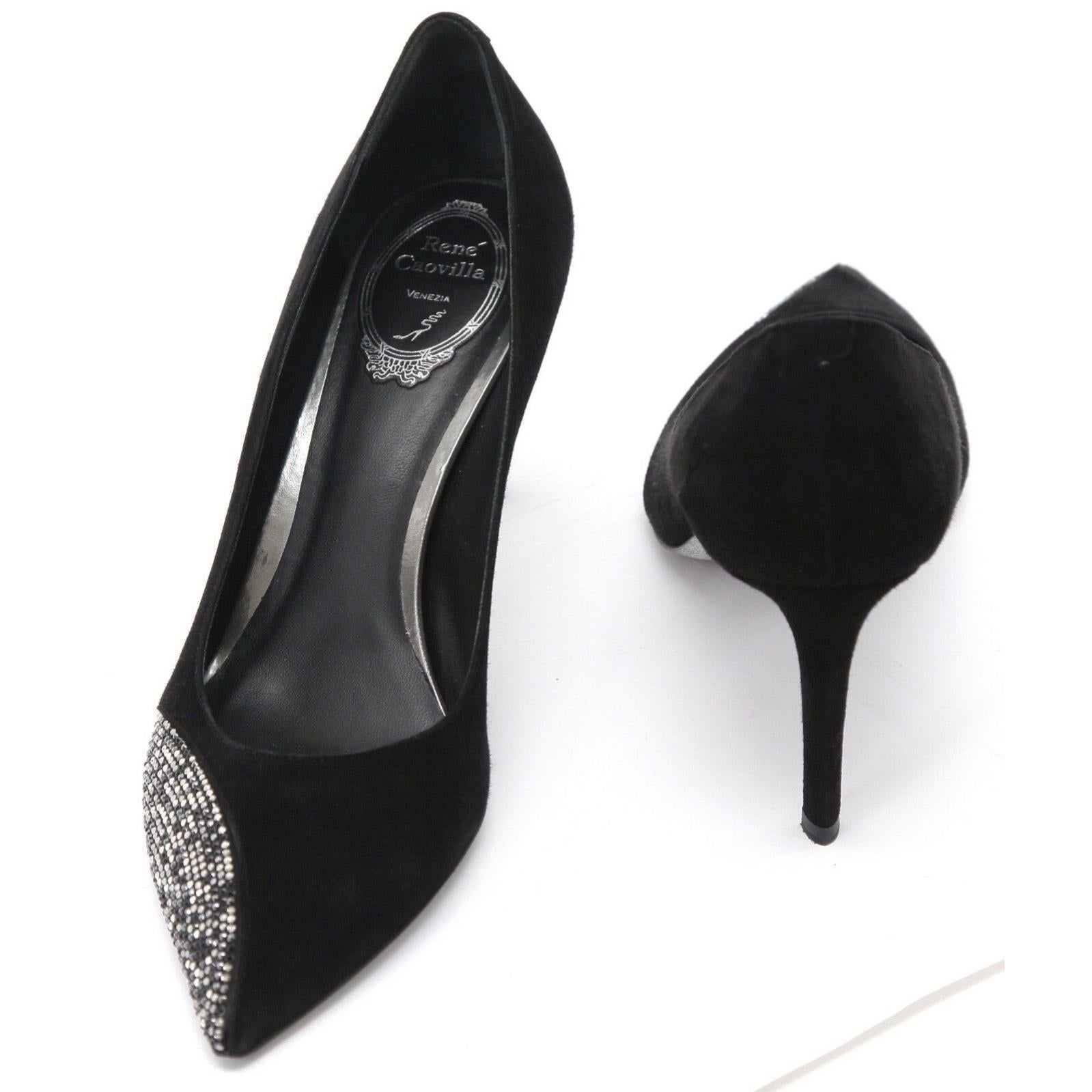 RENE CAOVILLA Pumps Black Suede Crystal Pointed Toe Heel Sz 40 For Sale 3