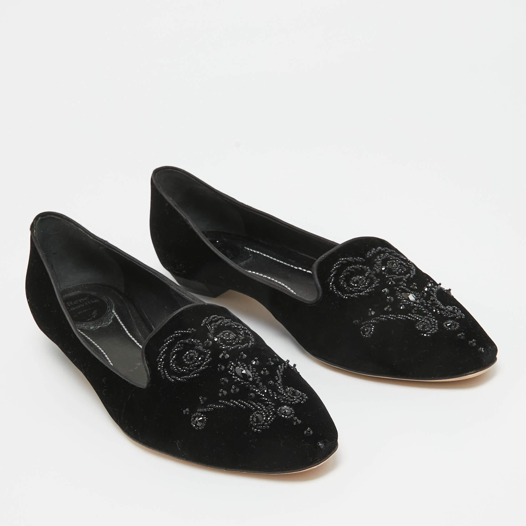 Women's René Caovilla Black Velvet Crystal Embellished Slip On Smoking Slippers Size 41 For Sale