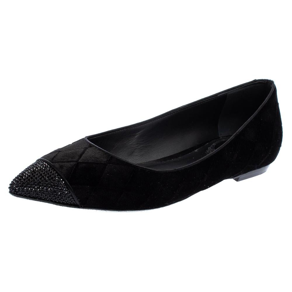 René Caovilla Black Velvet, Strass Skimmer Ballet Flats Size 37