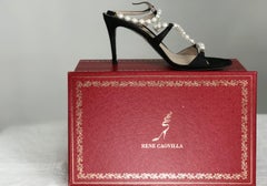 Rene Caovilla Black Wendy Pearl Rhinestone Suede Ankle Strap High Heels 36 1/2