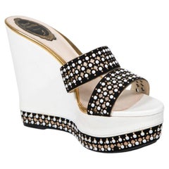 Rene Caovilla Black & White Leather Wedge Sandals Size IT 40