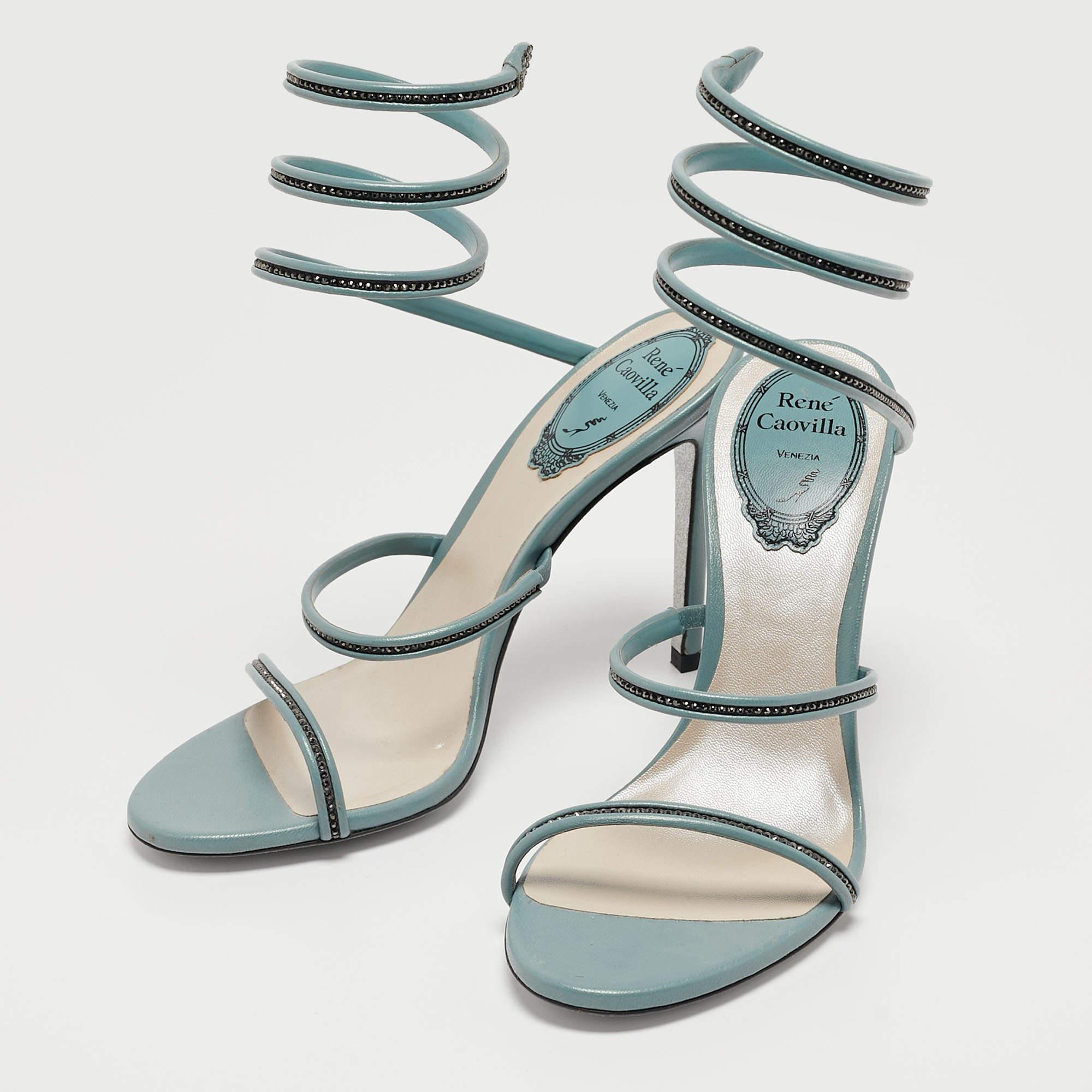 Rene Caovilla Blue Crystal Embellished Leather Cleo Sandals Size 36 4