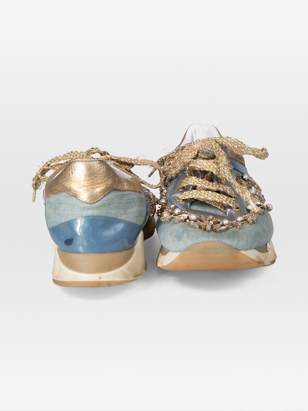 Beige Rene His His, Bleu Denim Embelli Trainers Size IT 41 en vente